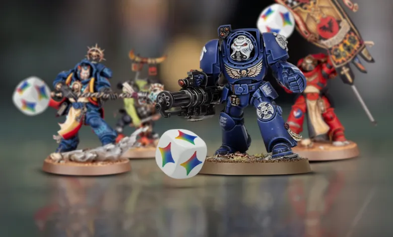 Warhammer 40K miniatures with a colorful die in the foreground.