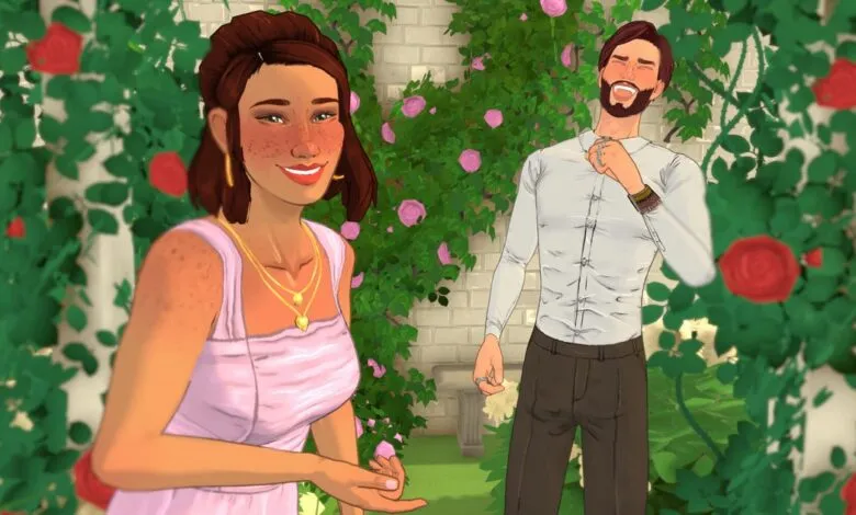Animated couple smiling in a rose garden, woman in pink dress, man in white shirt.