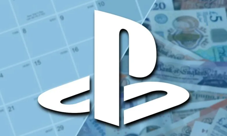 PlayStation logo over calendar and British currency, suggesting release date and price.