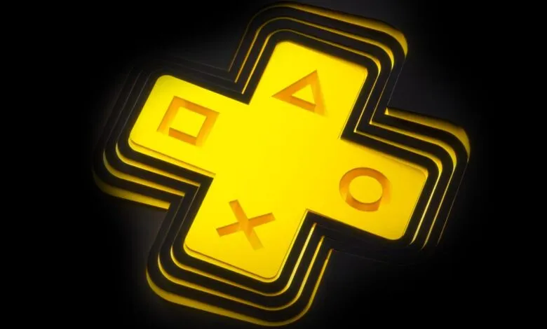 PlayStation Plus logo in yellow with geometric shapes.