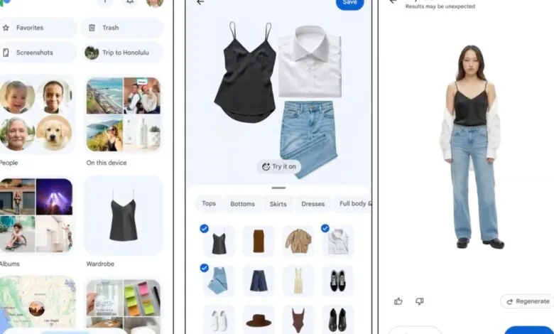 Screenshots of a virtual wardrobe app with clothing options and a model.