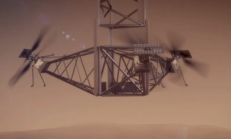 Mars helicopter Ingenuity hovering above the Martian surface.