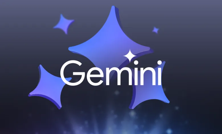 Gemini logo in white with blue star-shaped icons on a dark background.