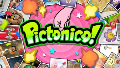 Pictonico! game title art with hand, photos, speech bubbles, stars, and confetti.