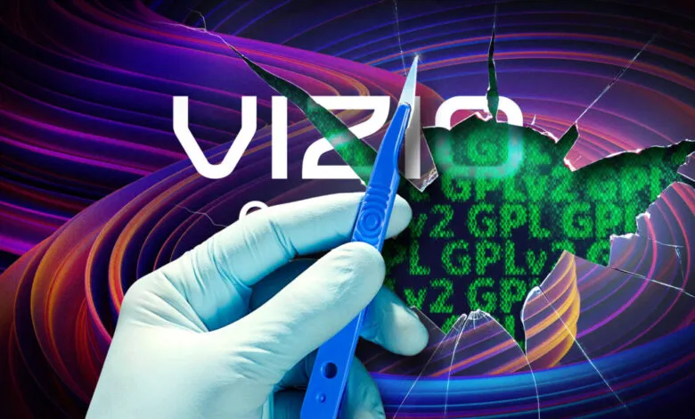 Gloved hand uses scalpel to break Vizio logo revealing GPLv2 code.