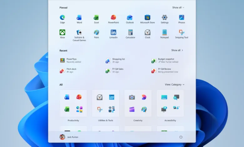 Windows 11 start menu showing pinned and recent apps, and user profile.