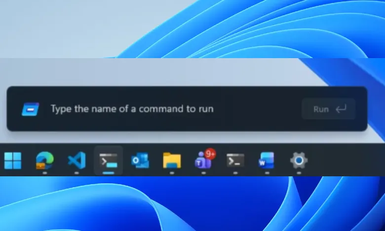 Windows 11 Run dialog box and taskbar icons.