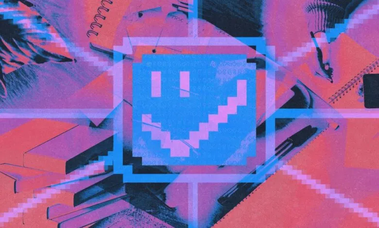 Vibrant duotone composition with pixelated checkmark and blurred workspace background