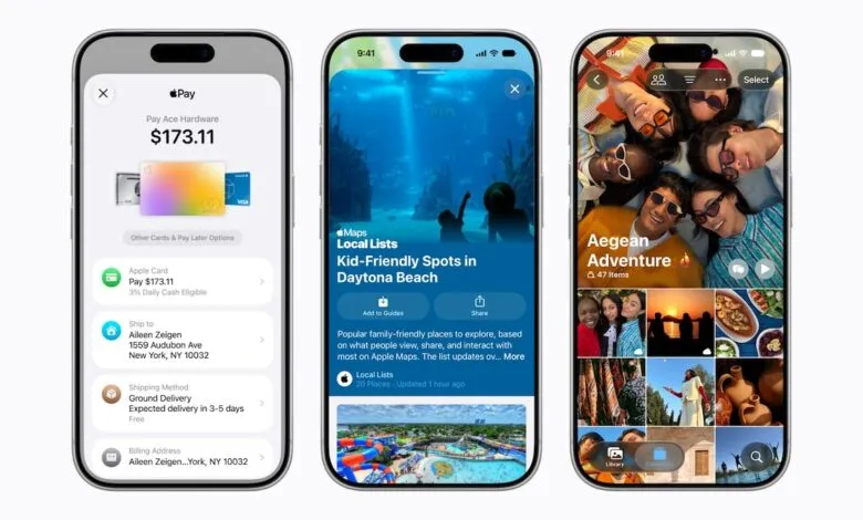 Three iPhones displaying Apple Pay, Apple Maps, and Apple Photos user interfaces.