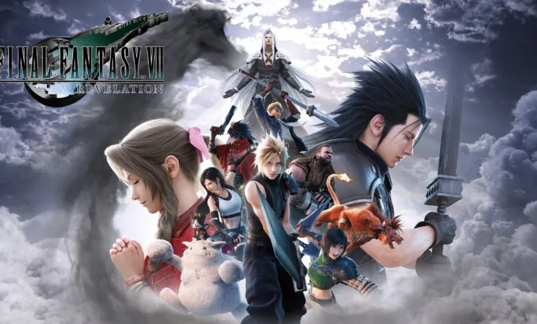 Final Fantasy VII Revelation promotional art featuring Cloud Strife and iconic characters.