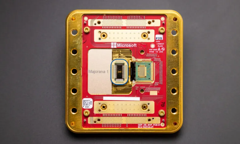 Close-up of Microsoft Majorana 1 quantum processor mounted on a red circuit board inside a gold frame