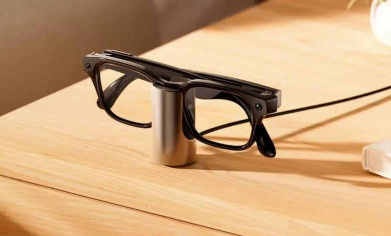 Meta smart glasses resting on a sleek metallic charging stand on a wooden desk.