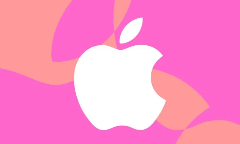 White Apple logo with a bite, set against pink and peach abstract shapes.
