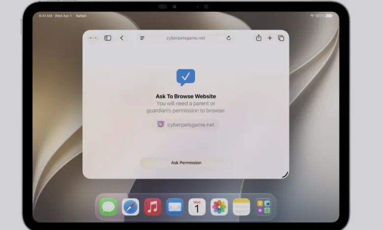 Tablet screen displaying a parental control prompt to ask permission to browse a website.
