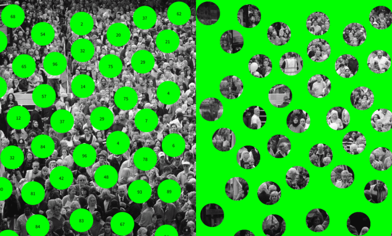 Black and white crowd photo split with green circles highlighting faces and data points