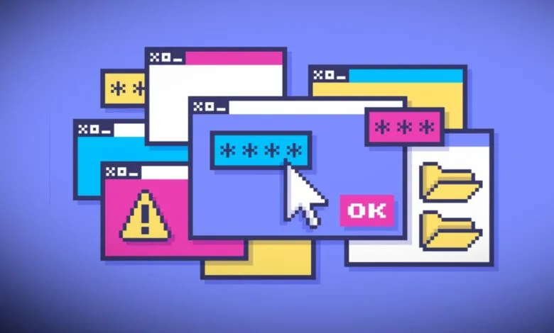 Pixel art illustration of multiple overlapping retro computer windows and pop-ups on blue background.