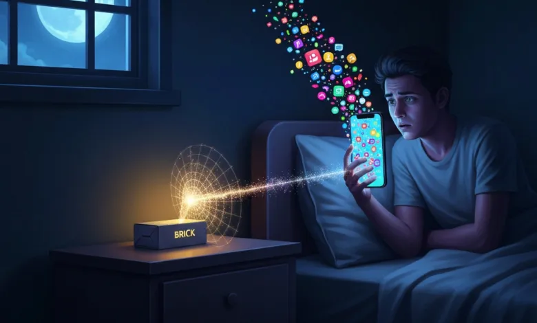 A boy sits in bed at night, staring in shock at a phone as colourful app icons burst upward.