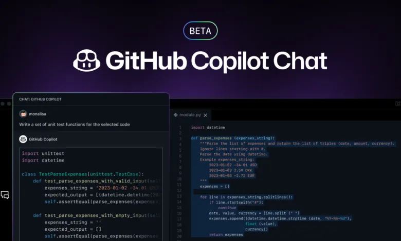 GitHub Copilot Chat interface showing code and chat window.