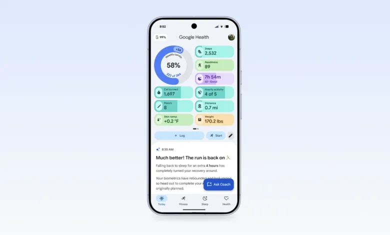 Smartphone displaying the Google Health app dashboard with fitness tracking metrics and wellness data.