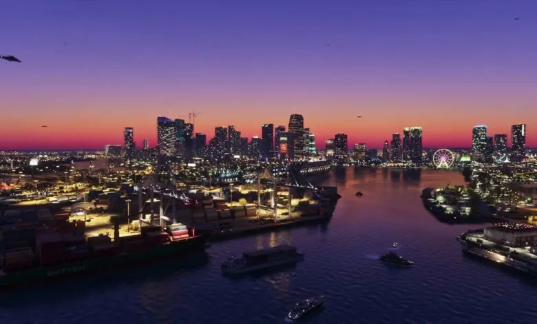 Aerial view of a coastal city skyline at dusk with glowing skyscrapers and port containers below.