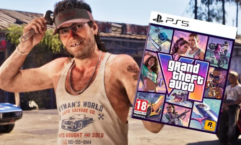 A rugged mechanic holding up a Grand Theft Auto VI game case for PlayStation 5 outdoors.