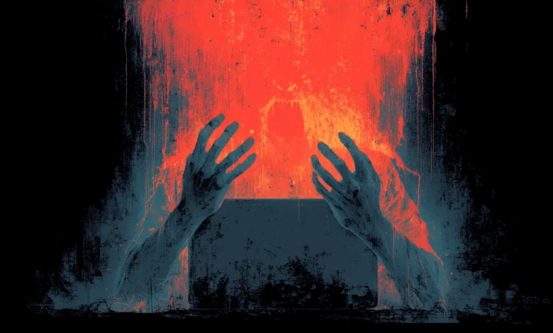 Dark, textured illustration of hands clawing upward in front of a glowing red digital screen.
