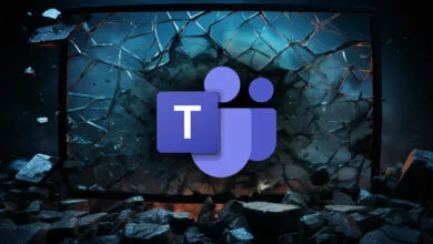 The Microsoft Teams logo floats in front of a shattered glass screen amidst dark, rocky debris.