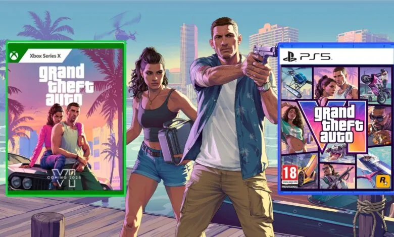 Grand Theft Auto VI artwork with Xbox and PlayStation 5 game cases