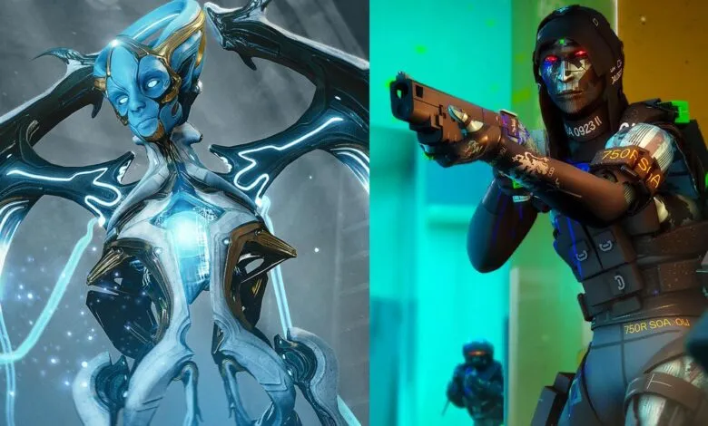 Comparison of a blue alien creature and a futuristic tactical soldier holding a gun in neon green light.