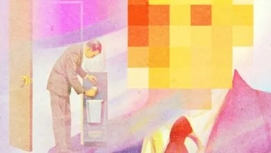 Surreal illustration of a businessman getting water by a pixelated glowing sun and purple abstract shapes.