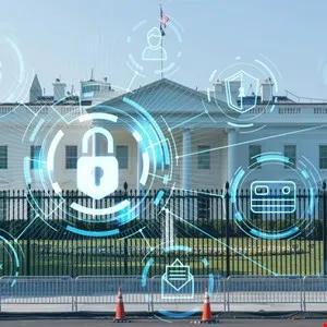 Digital security icons overlaying the White House with glowing blue encryption graphics