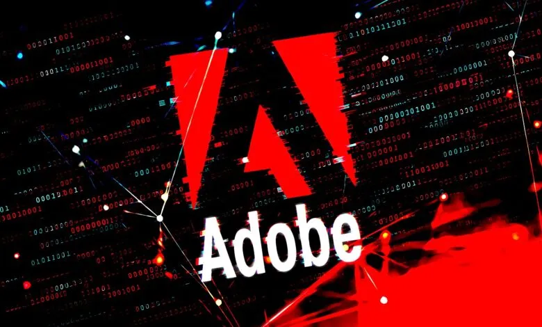 Adobe logo displayed over a dark digital background with binary code and glowing red graphics.