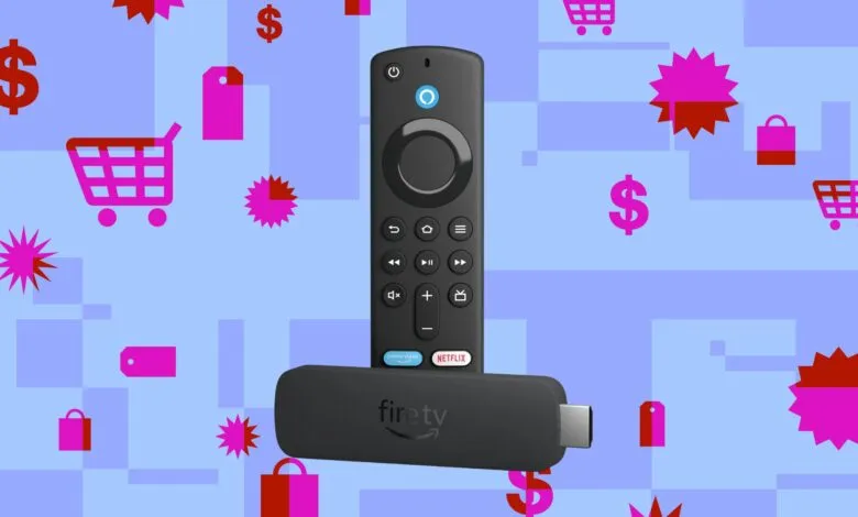 Amazon Fire TV Stick and remote against a blue background with shopping icons