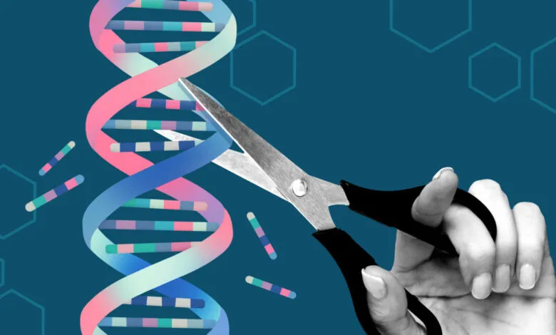 Scissors cutting a colorful DNA helix against a dark teal background with hexagonal patterns.