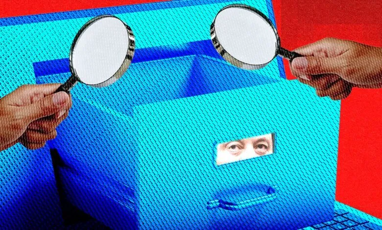 Two hands holding magnifying glasses over a blue file box with Elon Musk peering out of the label slot