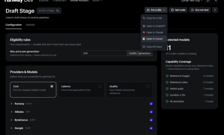 Runway Dev Draft Stage interface displaying model router configuration options and dropdown menu