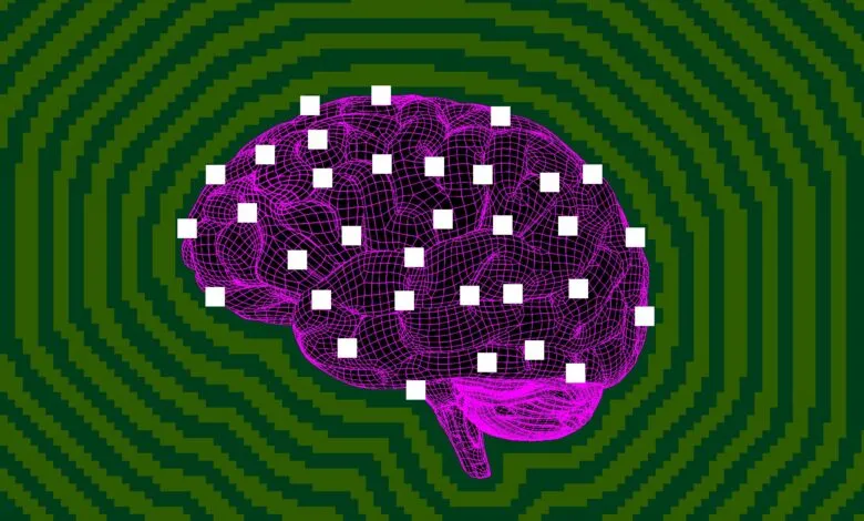 Digital wireframe of a brain in magenta dotted with white squares over a green concentric background