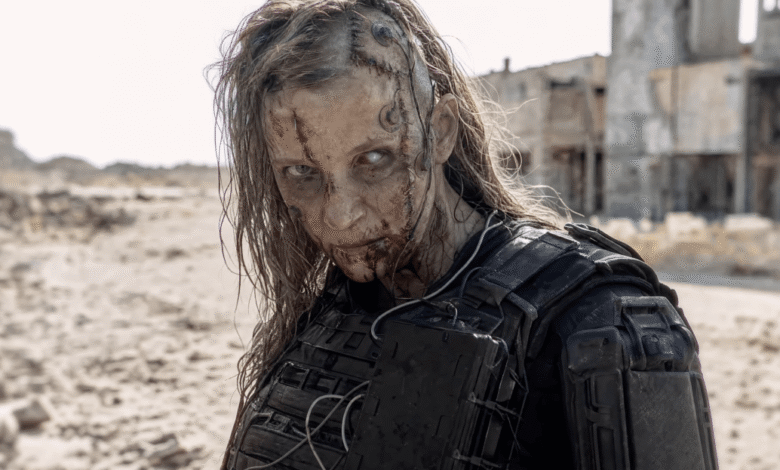 Close-up of a fierce survivor with cybernetic implants and combat gear amidst ruins.