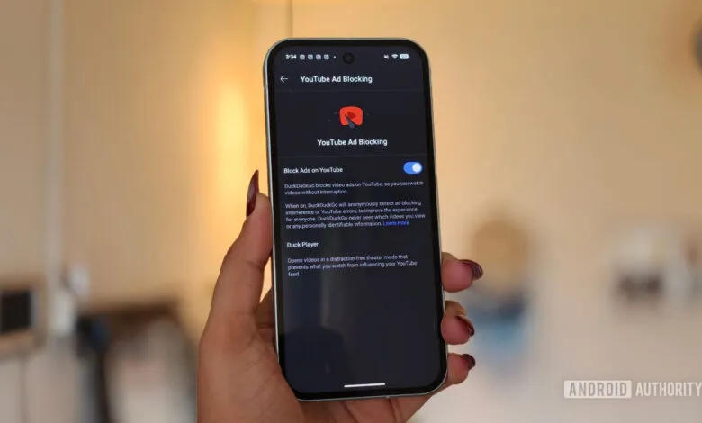 Smartphone displaying the YouTube Ad Blocking settings menu in the DuckDuckGo browser app.