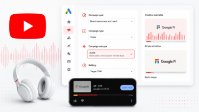 YouTube Ads dashboard showing audio campaign setup with headphones and smartphone display.