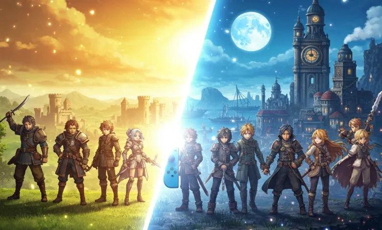 Split view illustration featuring RPG characters in sunny landscape and nighttime city