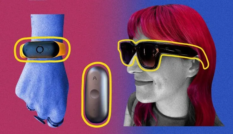 Collage of AI gadgets including a smart band, pin device, and smart glasses worn by a person.