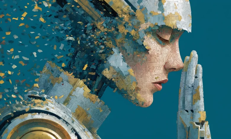 An AI humanoid figure with closed eyes and praying hands dissolving into digital fragments.