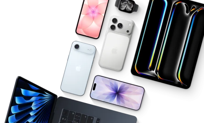 Collection of Apple devices including Mac, iPhones, iPad, and Apple Watch on a white background
