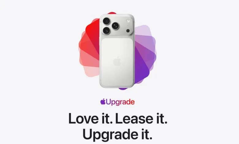 Silver smartphone with multi-colored floral background and Apple Upgrade text below.
