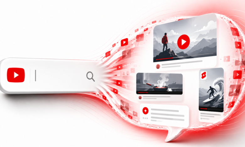 A white YouTube search bar glowing red, flowing into video thumbnails and content streams.