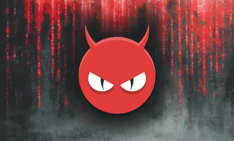 Red devil icon with horns and glowing white eyes against a digital binary background.