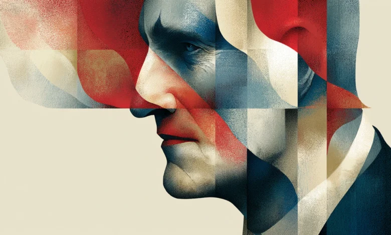 Stylized graphic portrait of a man in profile overlaid with geometric red, white, and blue patterns.