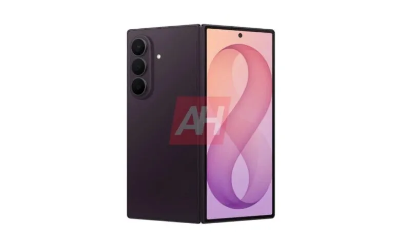 Purple foldable smartphone displaying an abstract pink and purple wallpaper with a triple camera setup