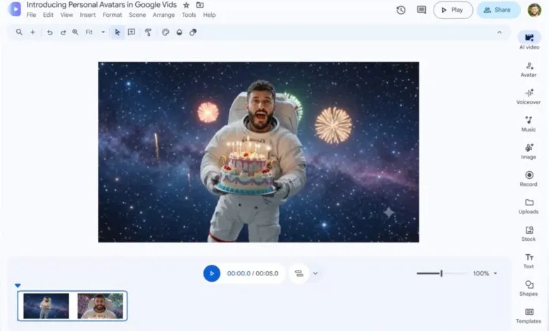 Google Vids software interface displaying an AI personal avatar of an astronaut holding a birthday cake in space.